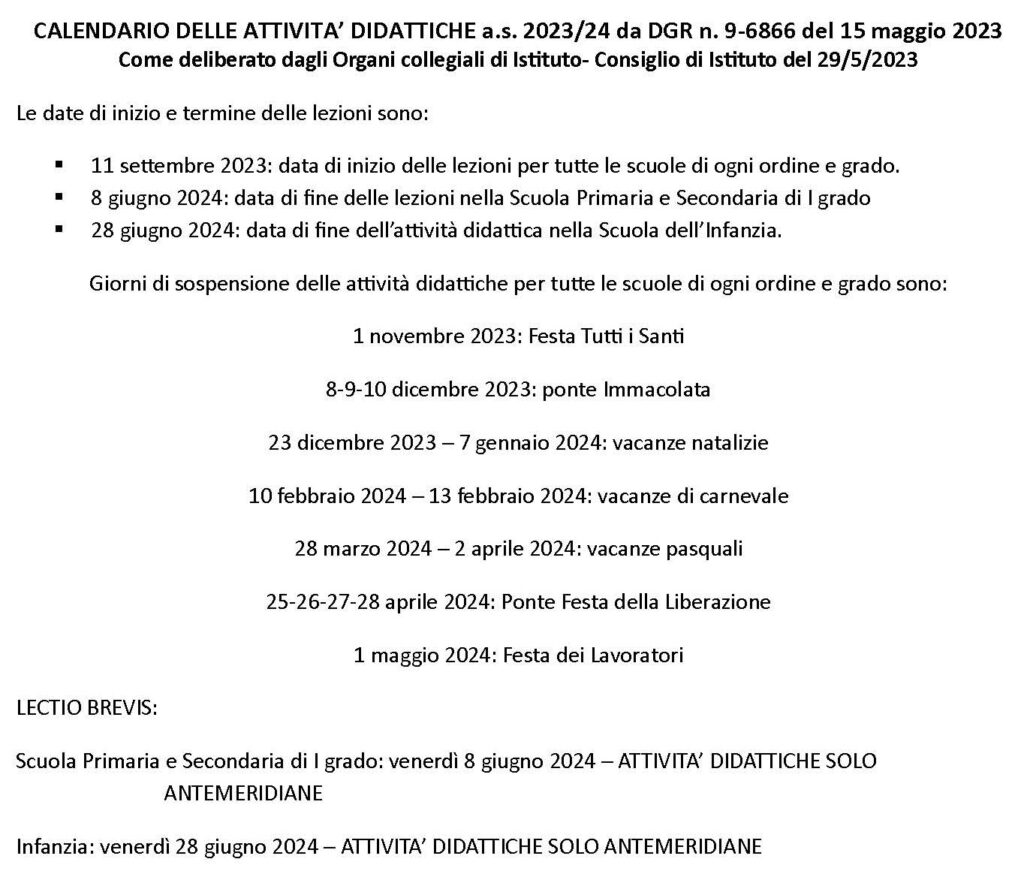 Calendario scolastico 2023-2024