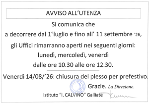 ORARIO ESTIVO SEGRETERIA